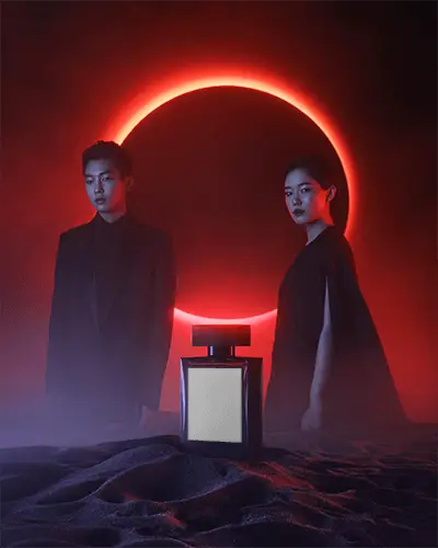 Eclipse Halloween Perfume Mockup Dual Models In Dark Setting With Red Solar Ring And Mystic Light