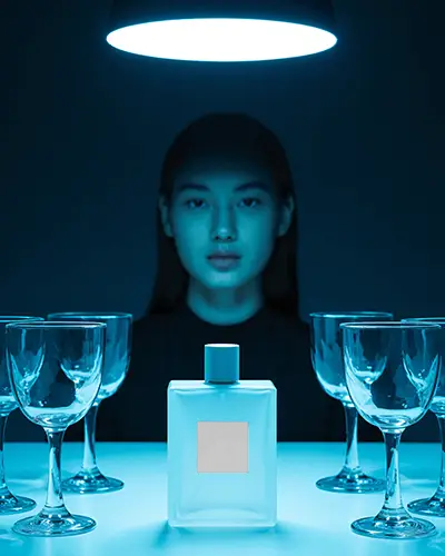 Futuristic Perfume Mockup Minimalist Scene With Woman Blue Light And Glass Goblets