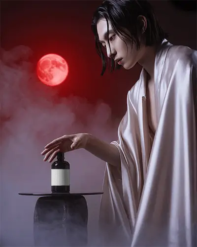 Halloween Perfume Mockup Mysterious Man In Satin Robe With Red Moon And Smoky Atmosphere
