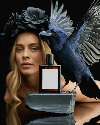 Gothic Halloween Perfume Mockup Dark Bottle With Raven And Woman In Black Floral Crown