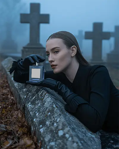 Gothic Halloween Perfume Mockup Elegant Woman In Black With Bottle Amid Graveyard Fog