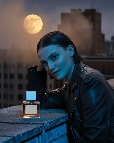 Halloween Perfume Mockup Woman In Leather Jacket Under Full Moon On City Rooftop