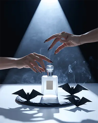 Halloween Perfume Mockup Dark Aesthetic With Hands Reaching Over Bottle And Origami Bats