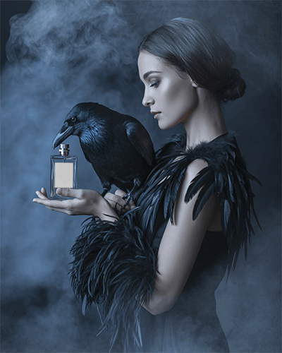 Halloween Perfume Mockup Elegant Woman In Black With Raven And Mystical Smoky Backdrop