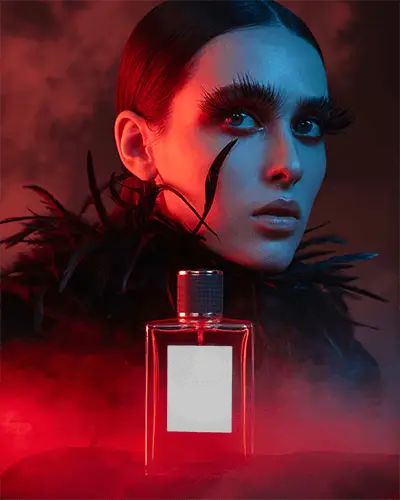 Halloween Perfume Mockup Dark Feathered Woman With Intense Red And Blue Dramatic Light