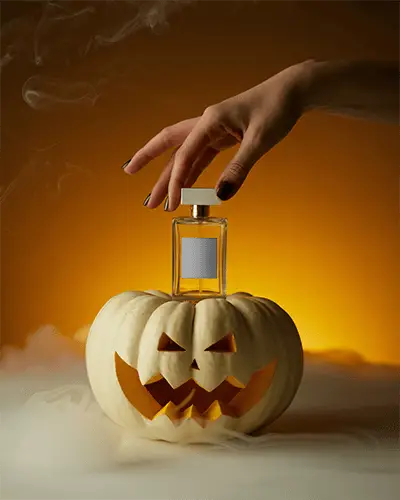 Halloween Perfume Mockup Glowing Jack O Lantern With Hand Reaching For Luxury Bottle