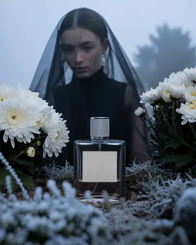 Halloween Perfume Mockup Mourning Woman In Black Veil With Flowers And Foggy Background