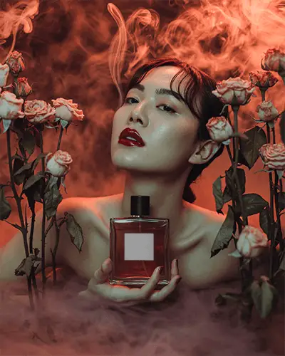 Cinematic Perfume Mockup Moody Red Tones With Elegant Woman And Roses