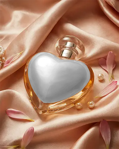 Romantic Luxury Fragrance Mockup With Heart Bottle Surrounded By Floral Petals