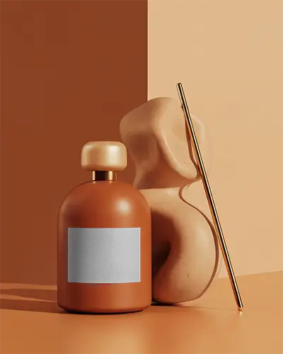 Earthy Toned Perfume Bottle Mockup With Minimalist Abstract Sculpture For Luxury Brand