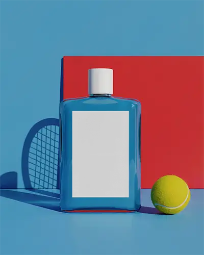 Sleek Modern Perfume Bottle Mockup With Minimalistic Label Tennis Theme Background