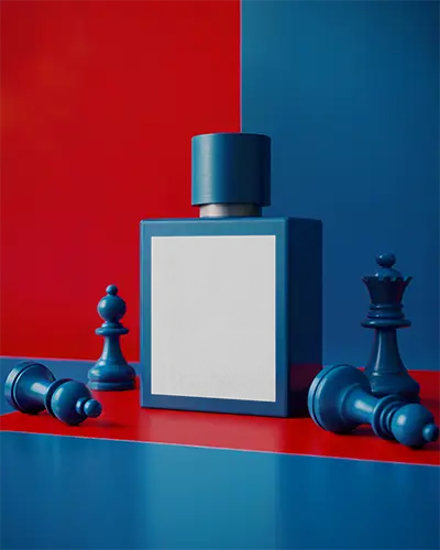 Stylish Perfume Bottle Mockup On Abstract Chessboard Background For Product Presentation