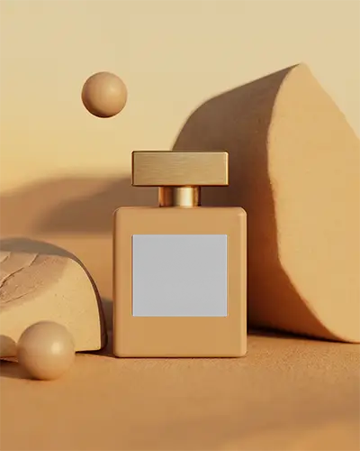 Elegant Square Perfume Bottle Mockup Container With Simple Label And Smooth Organic Decor Around