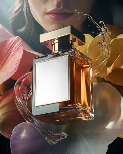 Luxury Perfume Bottle Mockup Floating Among Floral Elements And Liquid Splash Design