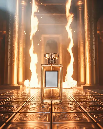 Elegant Glass Perfume Bottle Mockup Showcased In Grand Setting With Intense Fire Lighting Effect