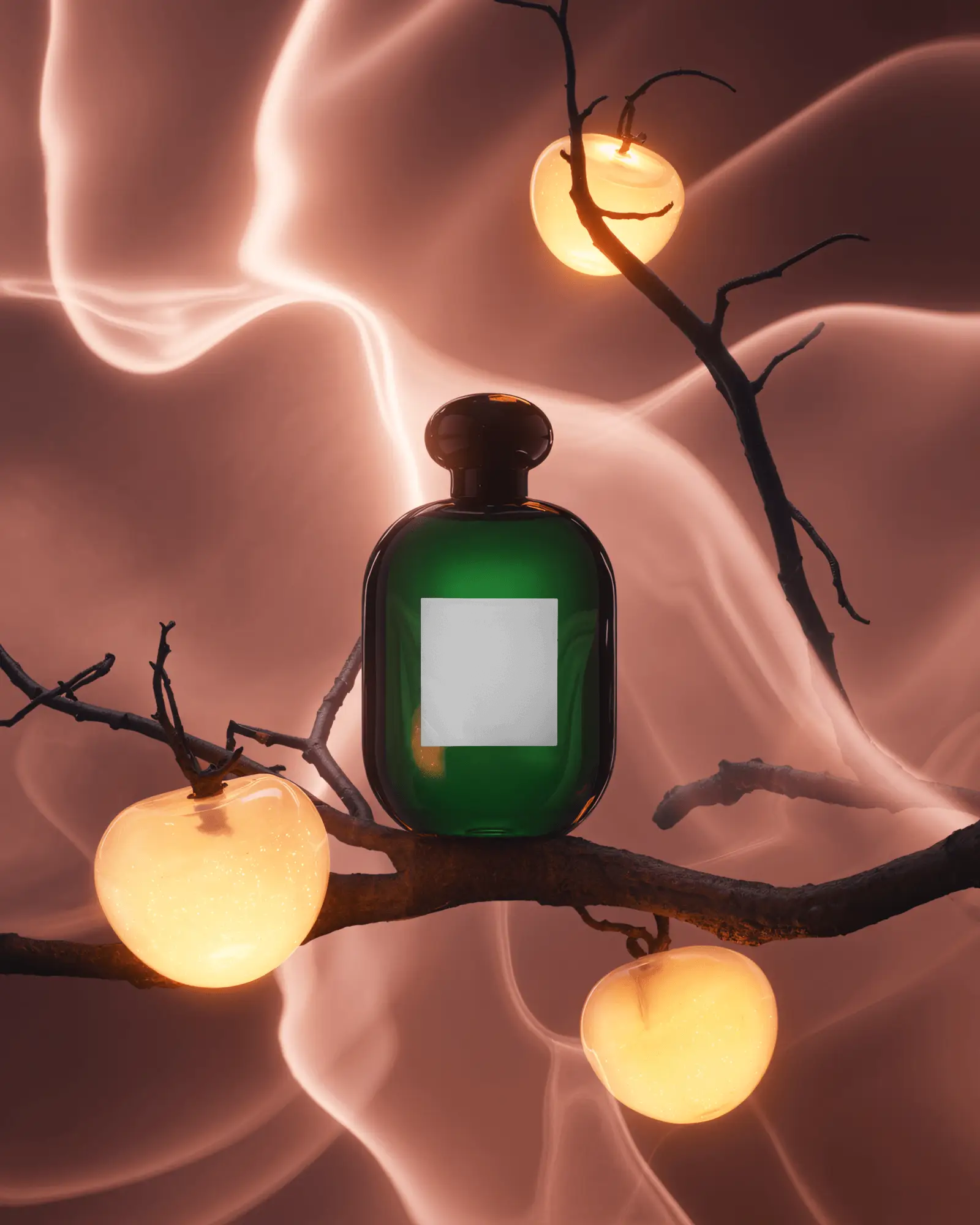 Mystical Amber Glow Perfume Mockup With Green Glass Bottle On Dramatic Branch Setting