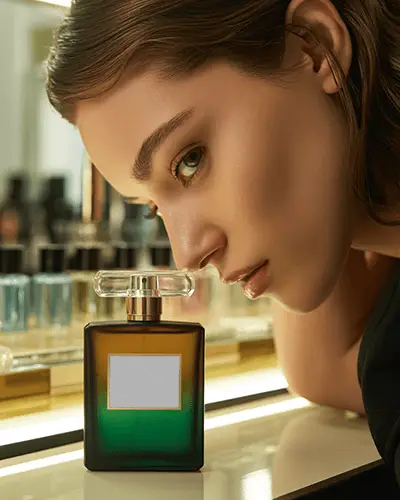 Luxury Perfume Mockup With Model Leaning Toward Elegant Green Gradient Bottle On Vanity