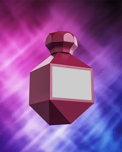 Vibrant Geometric Perfume Mockup With Faceted Red Bottle On Purple Blue Gradient Backdrop