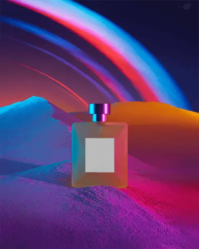 Neon Dreamscape Perfume Mockup With Geometric Bottle Under Multicolor Arc Lighting