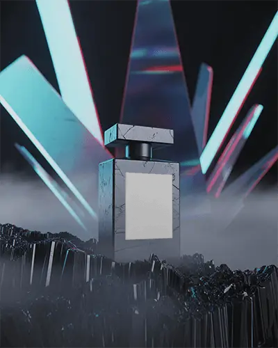 Marble Texture Perfume Mockup With Futuristic Neon Crystal Backdrop And Misty Atmosphere