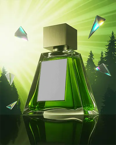 Radiant Forest Perfume Mockup With Green Glass Bottle And Floating Iridescent Crystals
