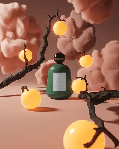 Whimsical Garden Perfume Mockup With Green Bottle Amid Glowing Orbs And Soft Cloud Forms