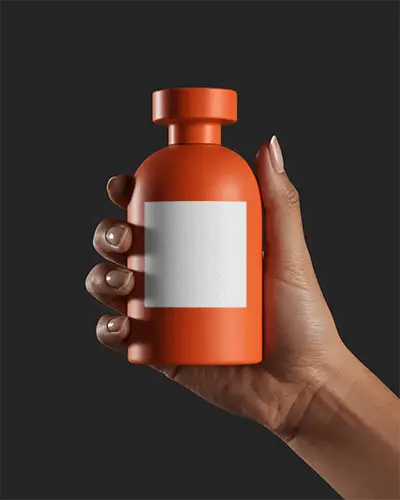 Bold Orange Perfume Mockup Held In Hand Against Clean Dark Minimal Background