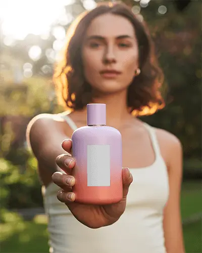 Soft Pastel Perfume Mockup Held Forward In Sunlit Garden Setting Warm Natural Light
