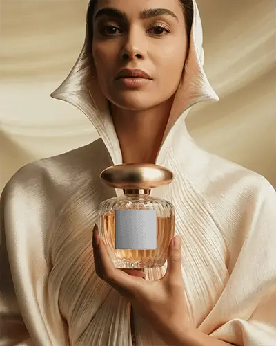 Luxury Glass Perfume Bottle Mockup With Metallic Cap Held By Elegant Woman In Fashion