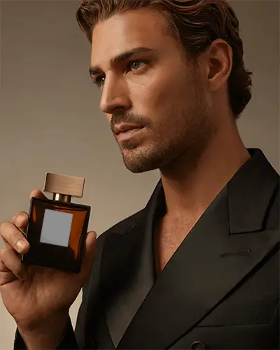 Luxury Mens Fragrance Bottle Mockup Elegant Male Model Holding Perfume Packaging Design