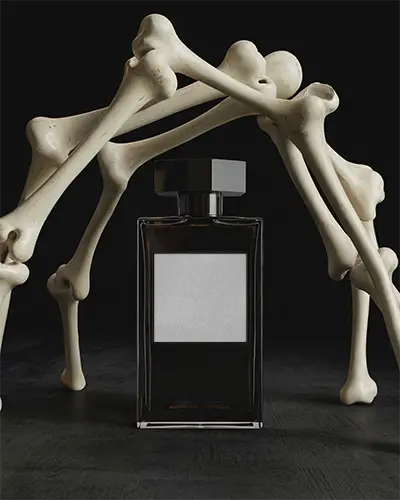 Dark Elegant Perfume Bottle Mockup With Bone Structure Arena For Mysterious Fragrance Display