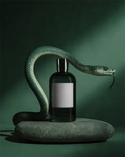 Sleek Glass Perfume Mockup Surrounded By Coiled Snake On Natural Stone Stand