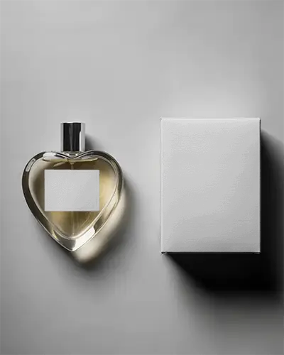 Heart Shaped Perfume Bottle Mockup With Minimalist Box Packaging For Luxury Fragrance Branding