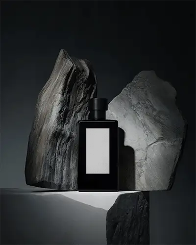 Luxury Perfume Bottle Mockup With Stone Texture Background Elegant Black Glass Design