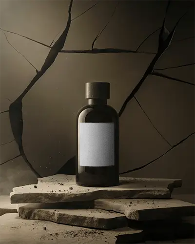 Elegant Glass Perfume Bottle Mockup In Minimalistic Earthy Texture Setting For Brand Presentation