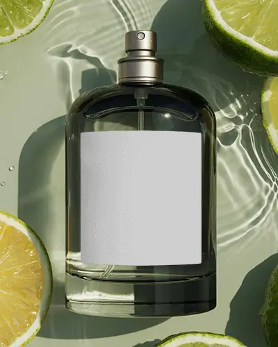 Elegant Perfume Mockup In Glass Container Surrounded By Fresh Citrus Fruits And Water Reflections