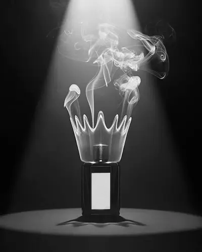 Luxury Crown Shaped Smoke Perfume Bottle Mockup Spotlight Dark Background Elegant Unique