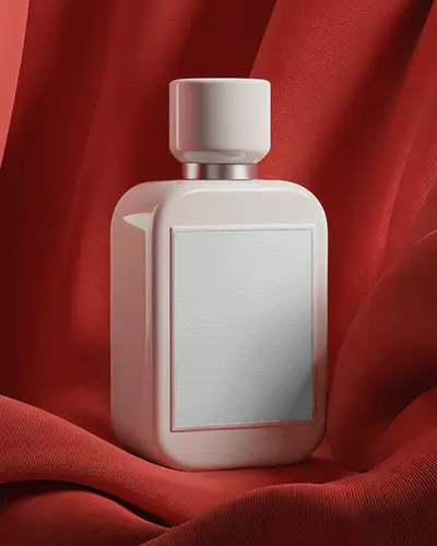 Clean Label Fragrance Bottle Mockup Highlighted On Soft Textured Fabric Background