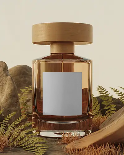 Premium Glass Perfume Bottle Mockup With Wood Texture Cap And Minimalist Label Design