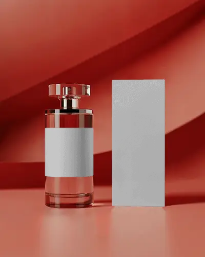 Luxury Perfume Mockup Glass Bottle With Box On Red Satin Background Premium Product Shot