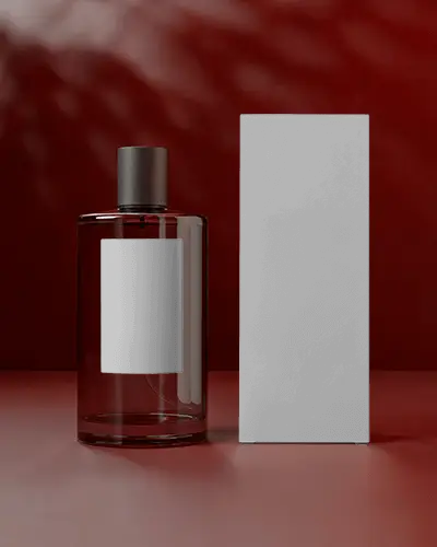 Dark Red Perfume Mockup Glass Bottle With Box Moody Luxury Studio Lighting