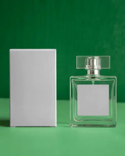 Minimalist Perfume Mockup Clear Square Bottle And Box On Rich Green Background