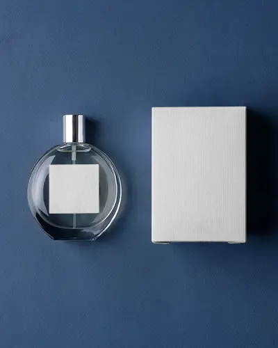 Blue Studio Perfume Mockup Round Glass Bottle With Box Clean Minimal Product Display