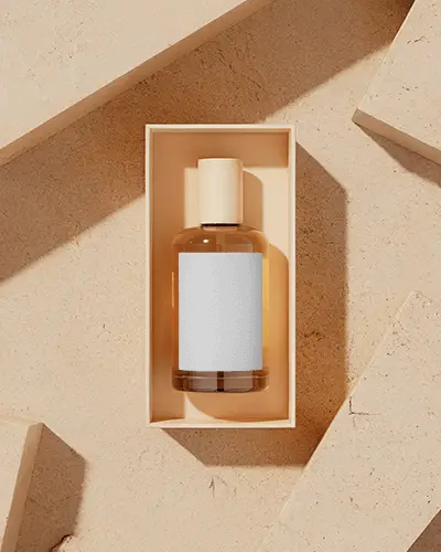 Boxed Perfume Mockup Glass Bottle In Minimal Packaging Warm Stone Background