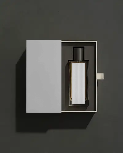 Luxury Fragrance Mockup Bottle Presented In Open Box Elegant Shadow Lighting