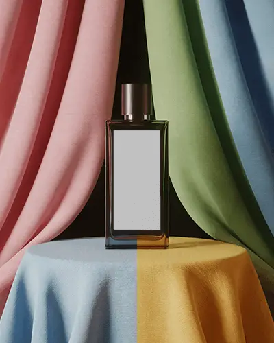Artistic Perfume Mockup Glass Bottle On Draped Fabric Pedestal Color Block Studio Scene