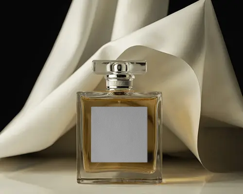 Luxury Perfume Mockup Square Glass Bottle With Soft Fabric Folds Elegant Studio Light