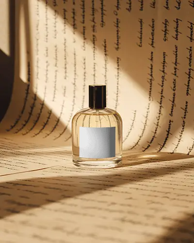 Vintage Perfume Mockup Glass Bottle On Handwritten Script Background