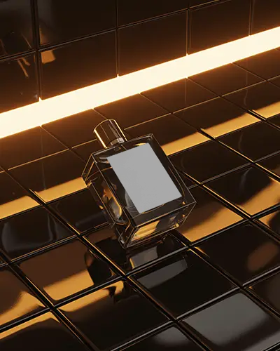 Luxury Perfume Mockup Glass Bottle On Glossy Black Tile With Golden Neon Light