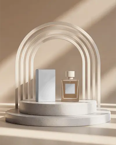 Elegant Arched Podium Perfume Mockup Featuring Bottle And Box In Soft Warm Light Perfect For Luxury Brand Display